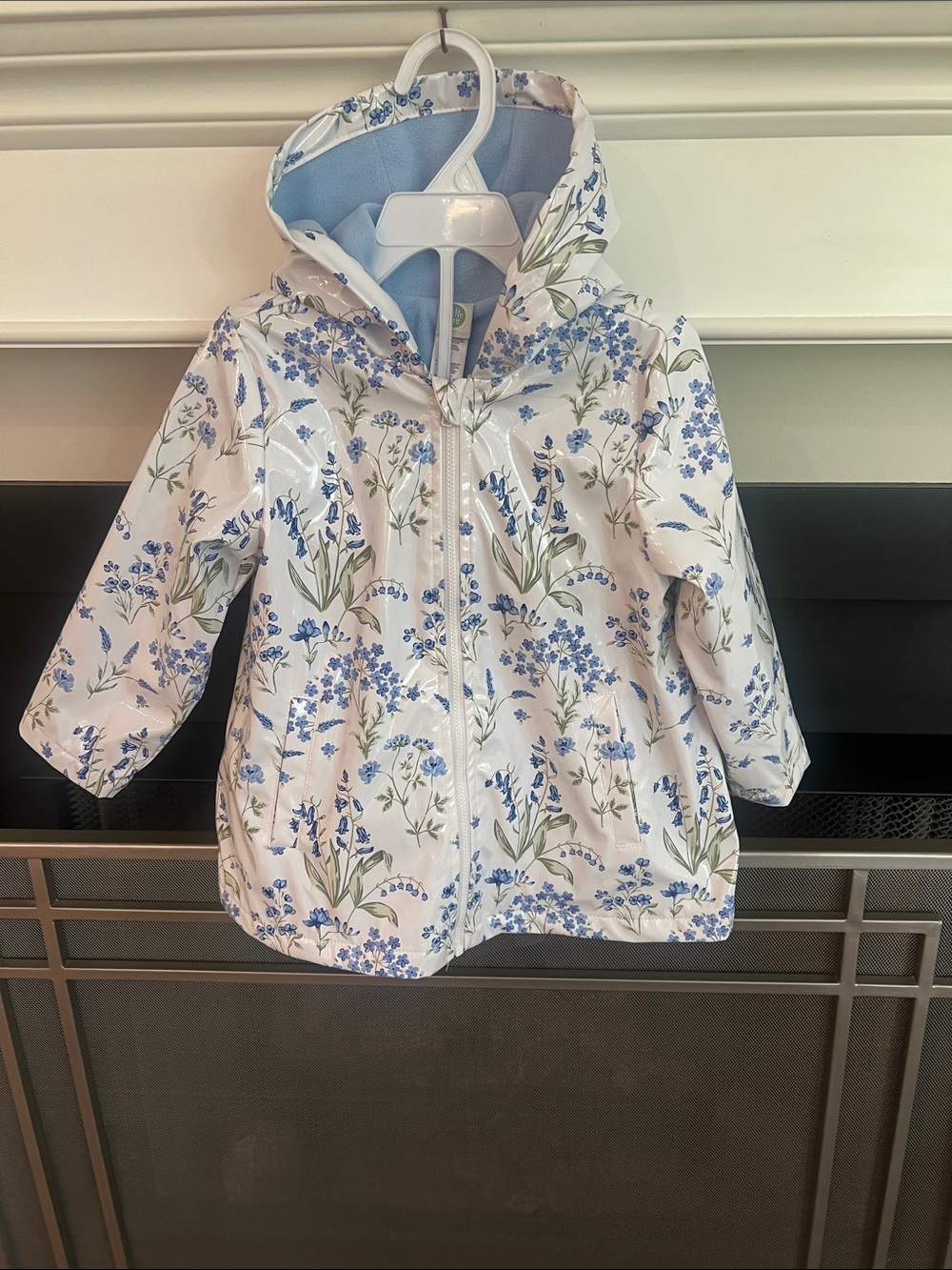 Little Me White Floral Hooded Raincoat with Blue Blossoms
